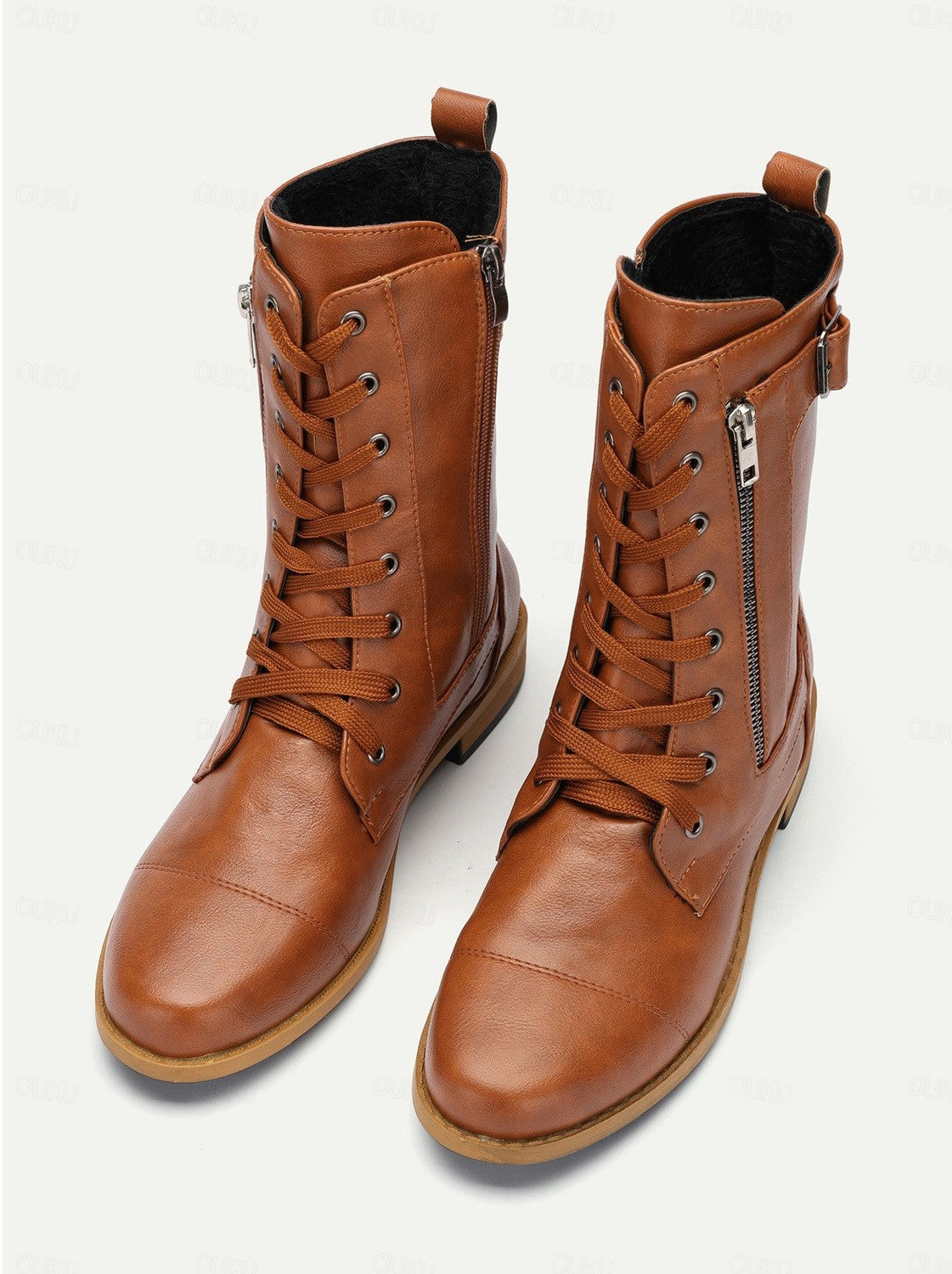 Bottes à Lacets en Similicuir avec Zip Latéral