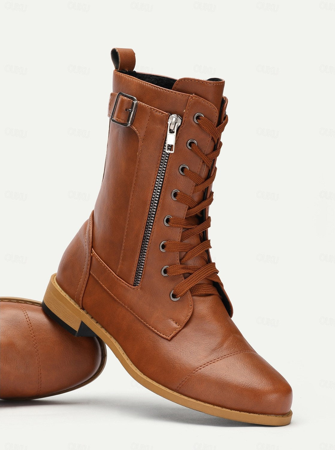 Bottes à Lacets en Similicuir avec Zip Latéral